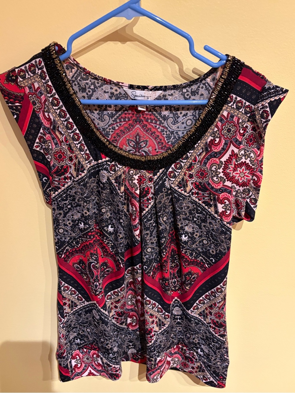 Speechless Red and Black Paisley Beaded Scoop Neck Top